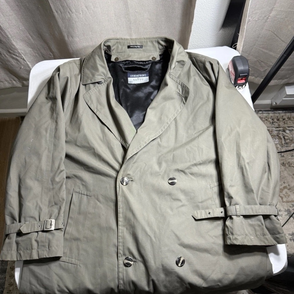 Vintage Stormfront by Sanyo Trench Coat Mens XL Hong Kong Double Breasted Long